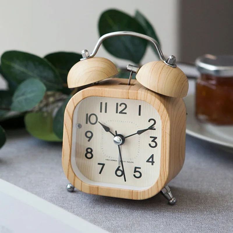 Wooden Twin Bell Loud Alarm Clock, Student Kids Bedside Alarm Clock Silent  Home Bedroom desk Decoration Clock lumino