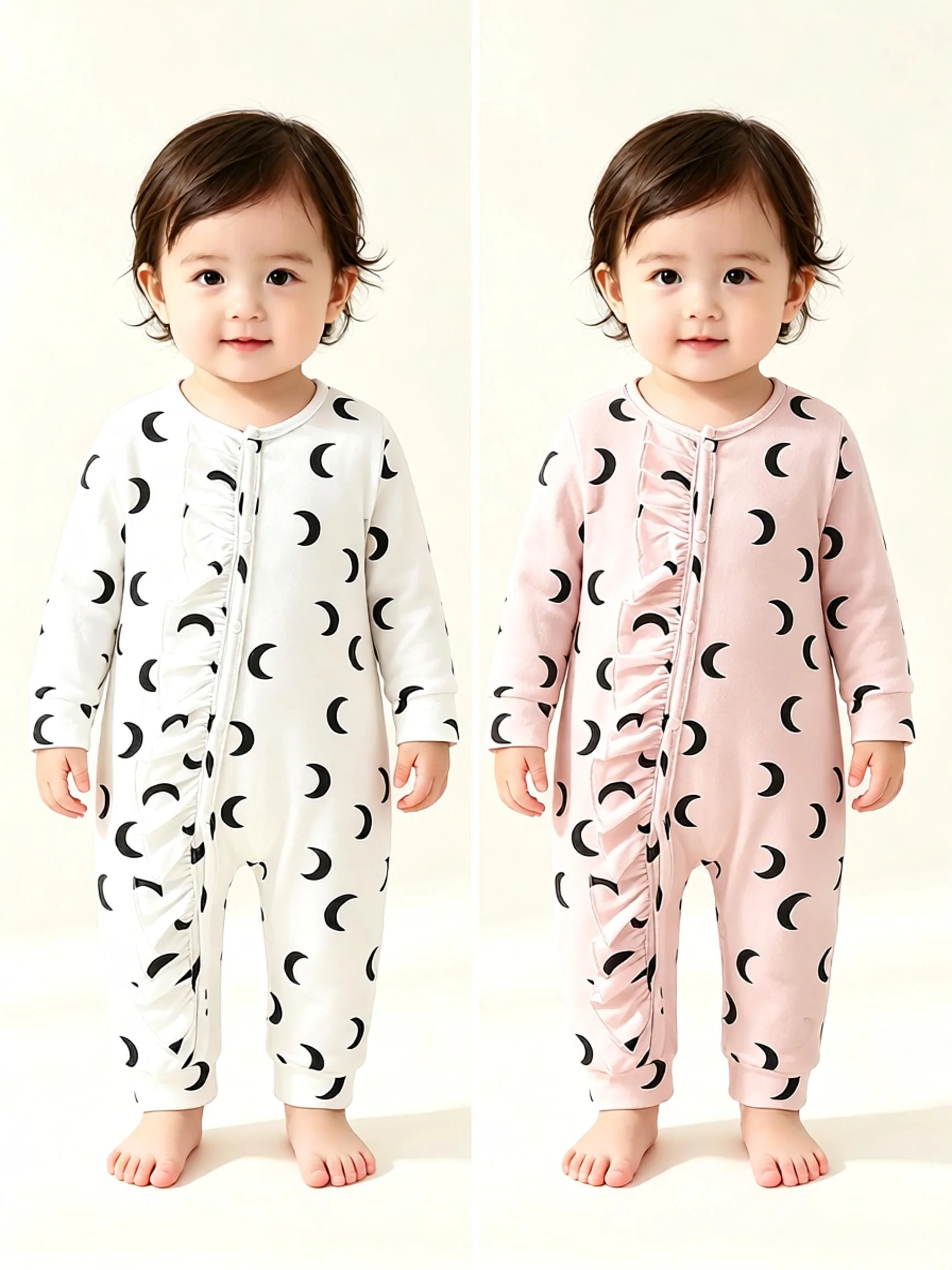 Baby Girl 2-Piece Fashion Casual Jumpsuit Set Full Body Printed Slanted Button Design Long Leg Crawling Suit for Autumn