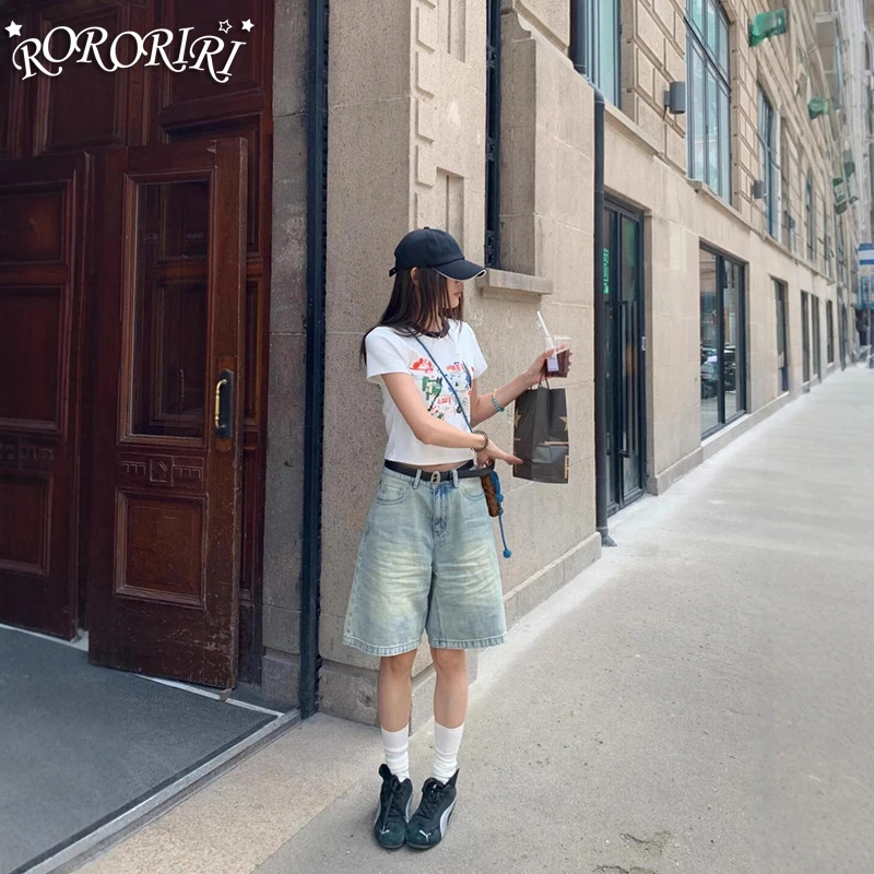 

RORORIRI женские голубые джинсовые шорты свободного покроя джинсы длиной до колена джинсы повседневная уличная одежда стираные шикарные однотонные брюки