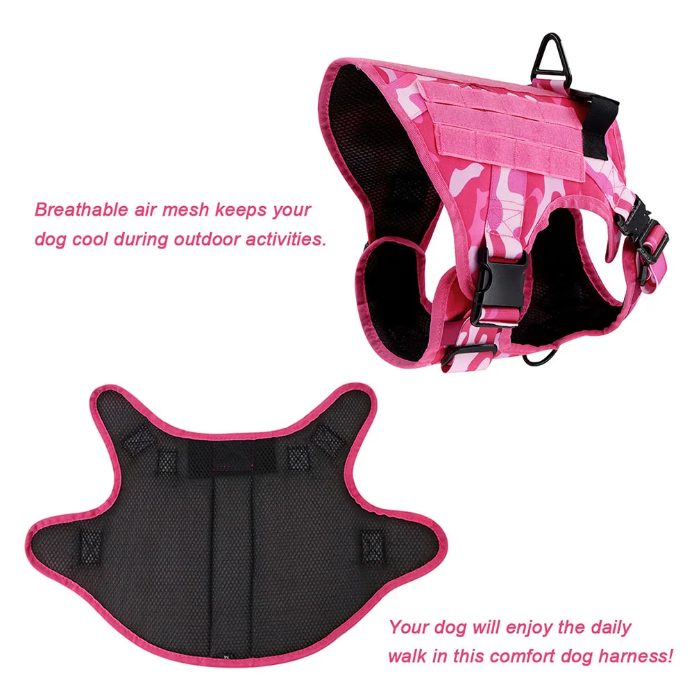 Tactical Pink Dog Harness Leash Set for Medium to Large Dog Adjustable Chest Strap Heavy-Duty Nylon for Outdoor Training Walking