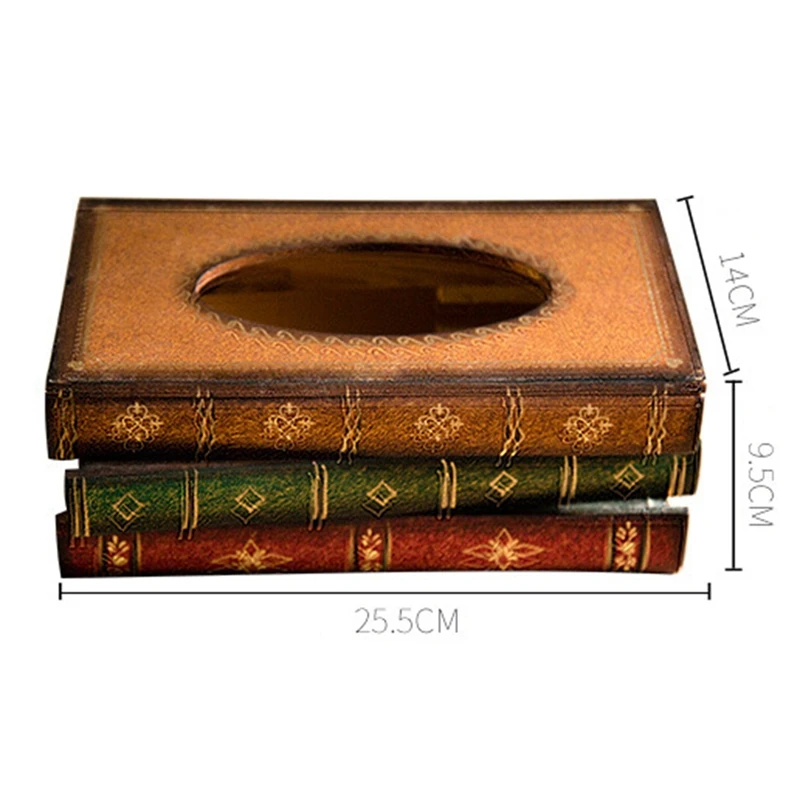 Caja de pañuelos de madera maciza con diseño de libros apilados Vintage, soporte Rectangular con parte superior con bisagras de fácil recarga, verde de aproximadamente 25,5x14,5x10,3 cm