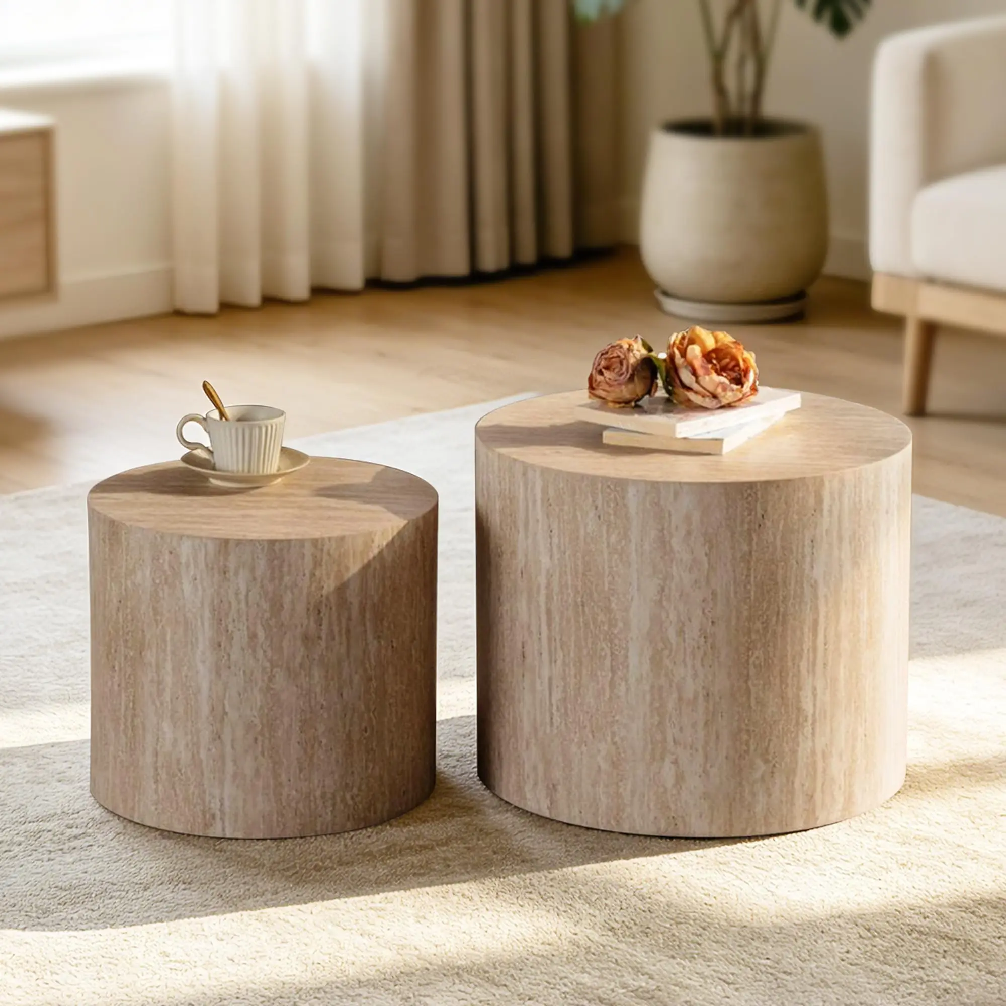 Nesting Round Coffee Table Set of 2, Accent End Table for Small Spaces, Morden Drum Side Table, Wooden Circle Center