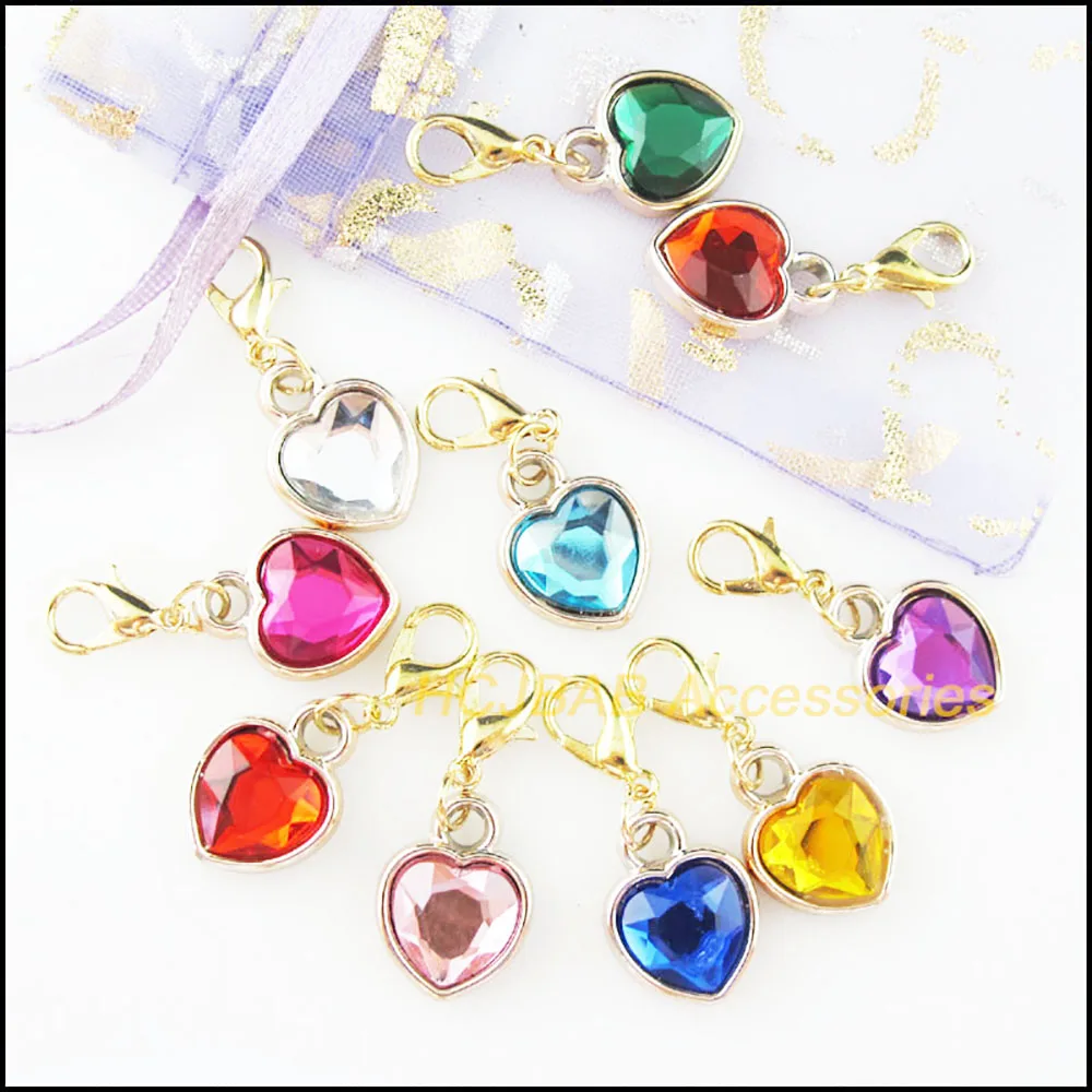 20Pcs KC Gold Plated Mixed Acrylic Heart With Lobster Claw Clasps Charms 12.5x16.5mm