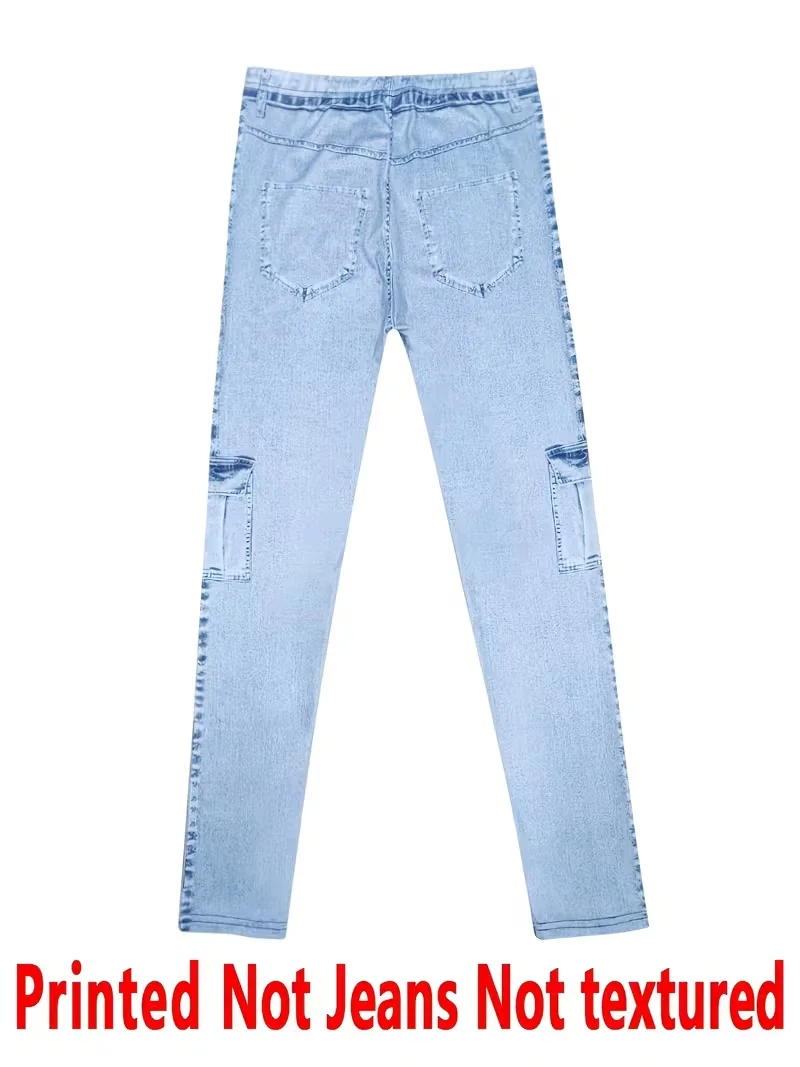 Bedruckte Damenleggings, kein Denim-Stoff, Design mit Scheintaschen und Knöpfen, hochelastische, modische, schmal geschnittene, lässige Skinny-Hose – Detail 5
