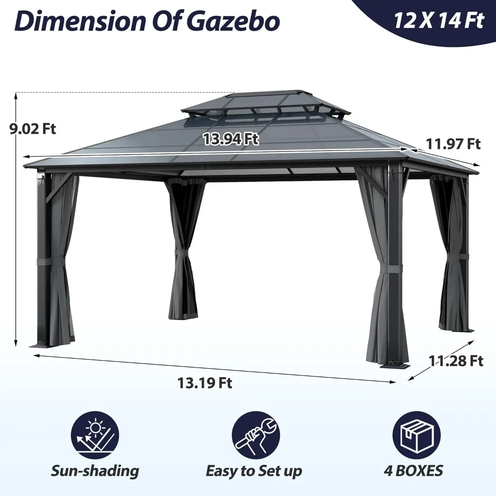 12' X 14' Hardtop Gazebo with Double Polycarbonate Roof, Metal Frame, Netting