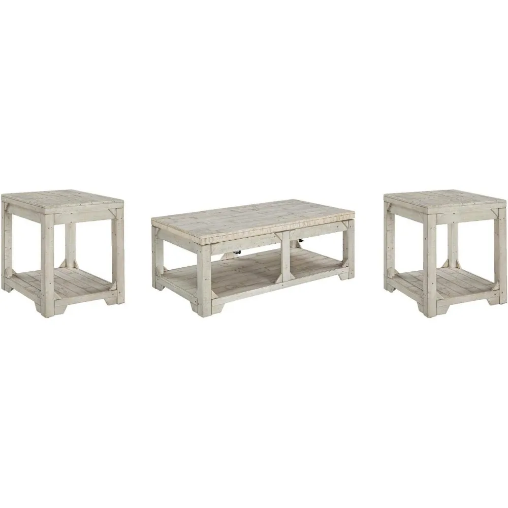 Rectangular Lift Top Coffee Table with Floor Shelf, Whitewash with Weathered Finish