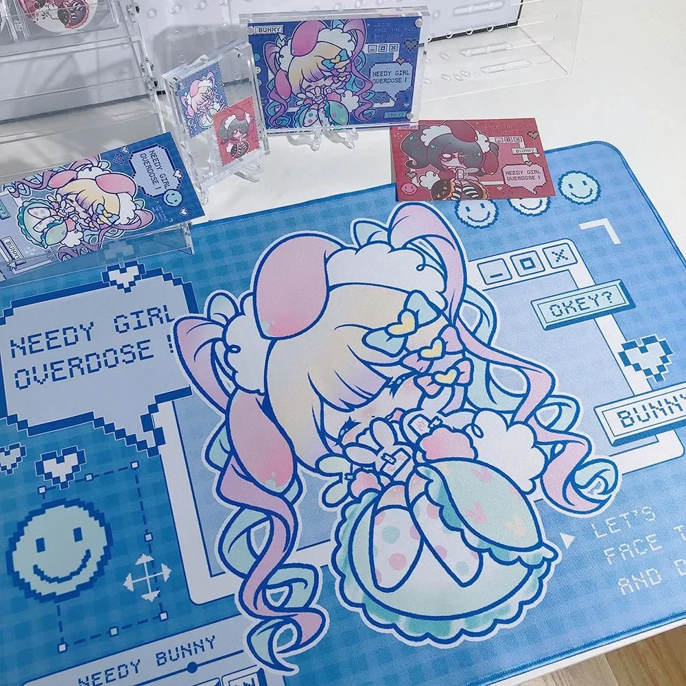 Leather Desk Pad Protector Pink Anchor Girl Blue Y2K Kawaii Mouse Pad Office Desk Mat Waterproof Non-Slip PU Desk Blotter Pad