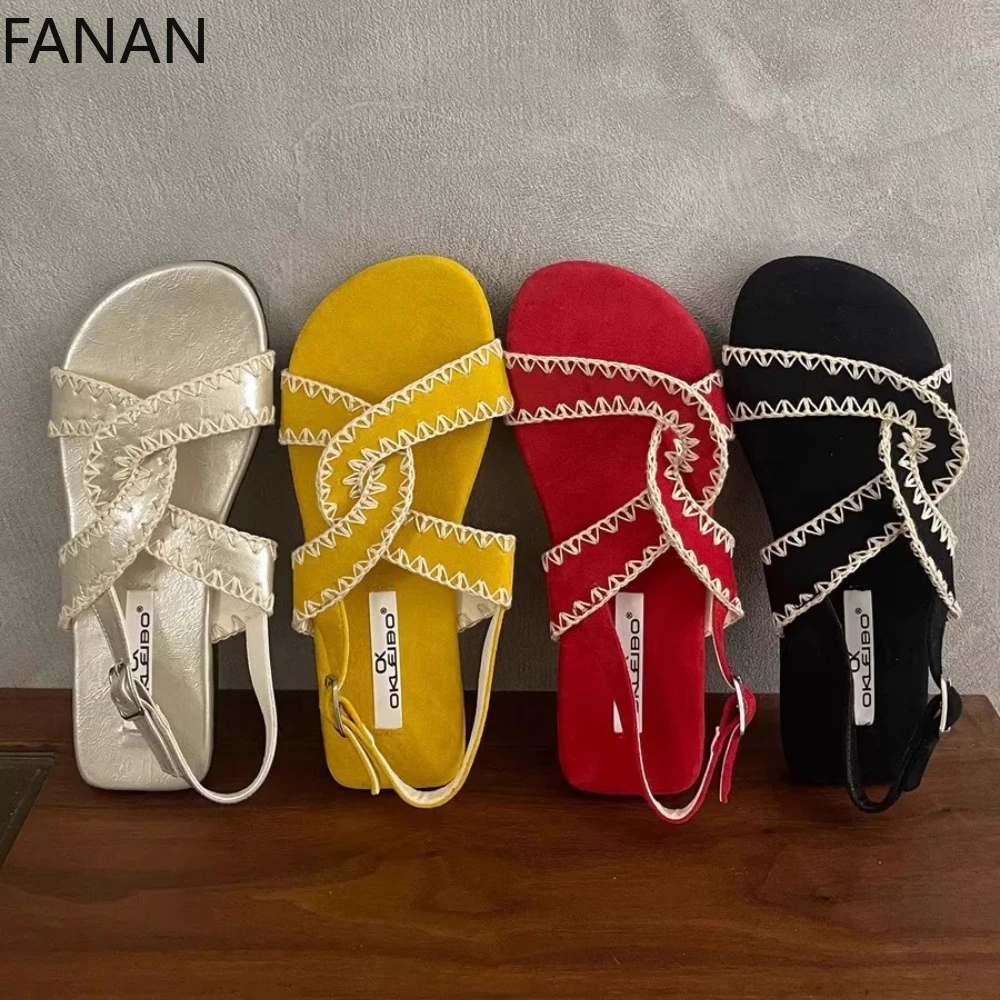 

Французские винтажные сандалии на плоской подошве, красная богемная юбка с перекрестными ремешками, римские сандалии с открытым носком, женские летние низкие пляжные туфли, тапочки