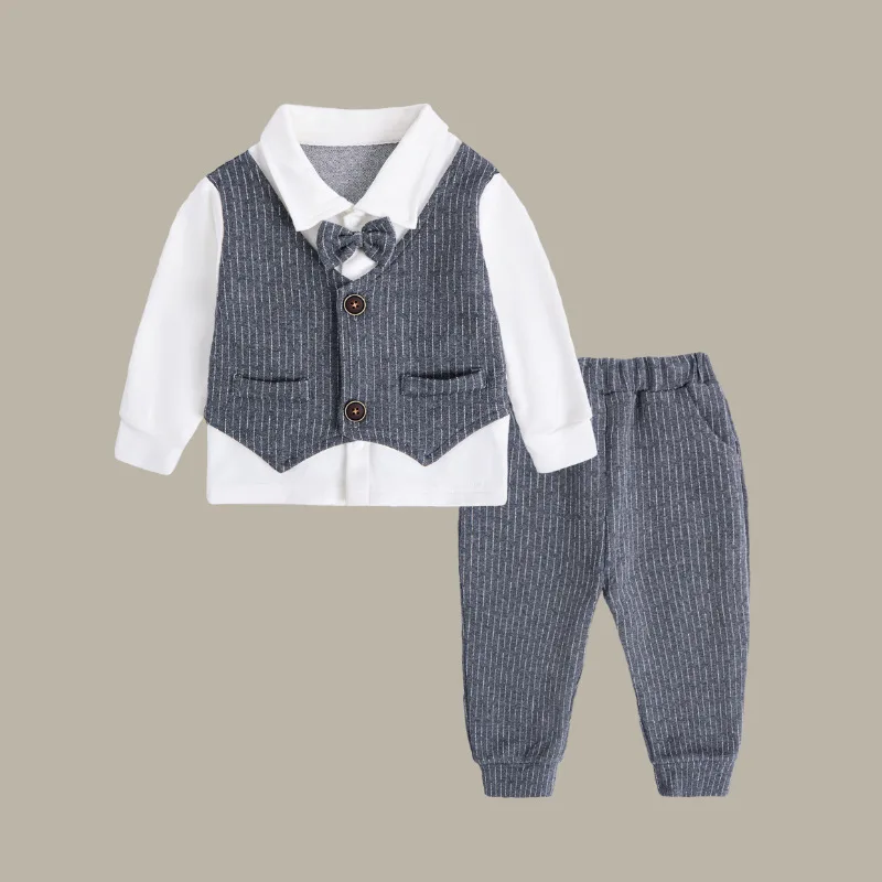 Boys' one-year-old gentleman's dress spring and autumn baby long-sleeved shirt fake two-piece vest flower boy handsome suit suit