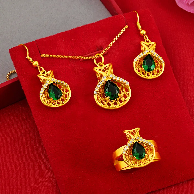Light Luxury Noble Morning Glory Green Agate Bracelet Necklace Ring Set For Women 24K Gold AU999 | Eye-catching, full of grade
