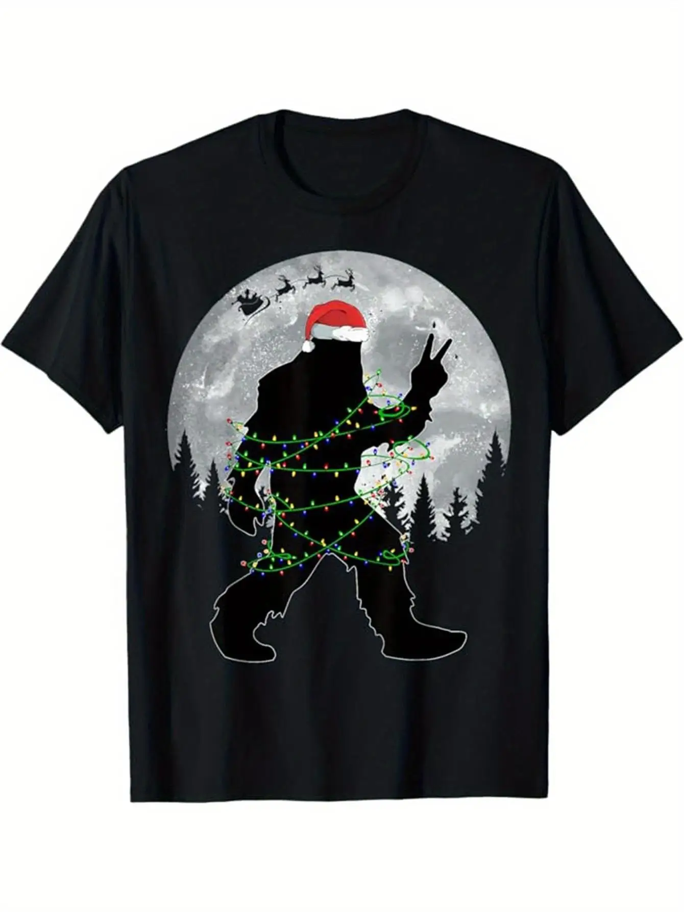 Men's Sasquatch - Christmas T-Shirt - Black with White & Reindeer Print - Santa Hat Design - Soft Breathable Cotton - Short Sleeve Tee - All-Season Casual Wear - Cryptozoology Novelty Gift for Fans