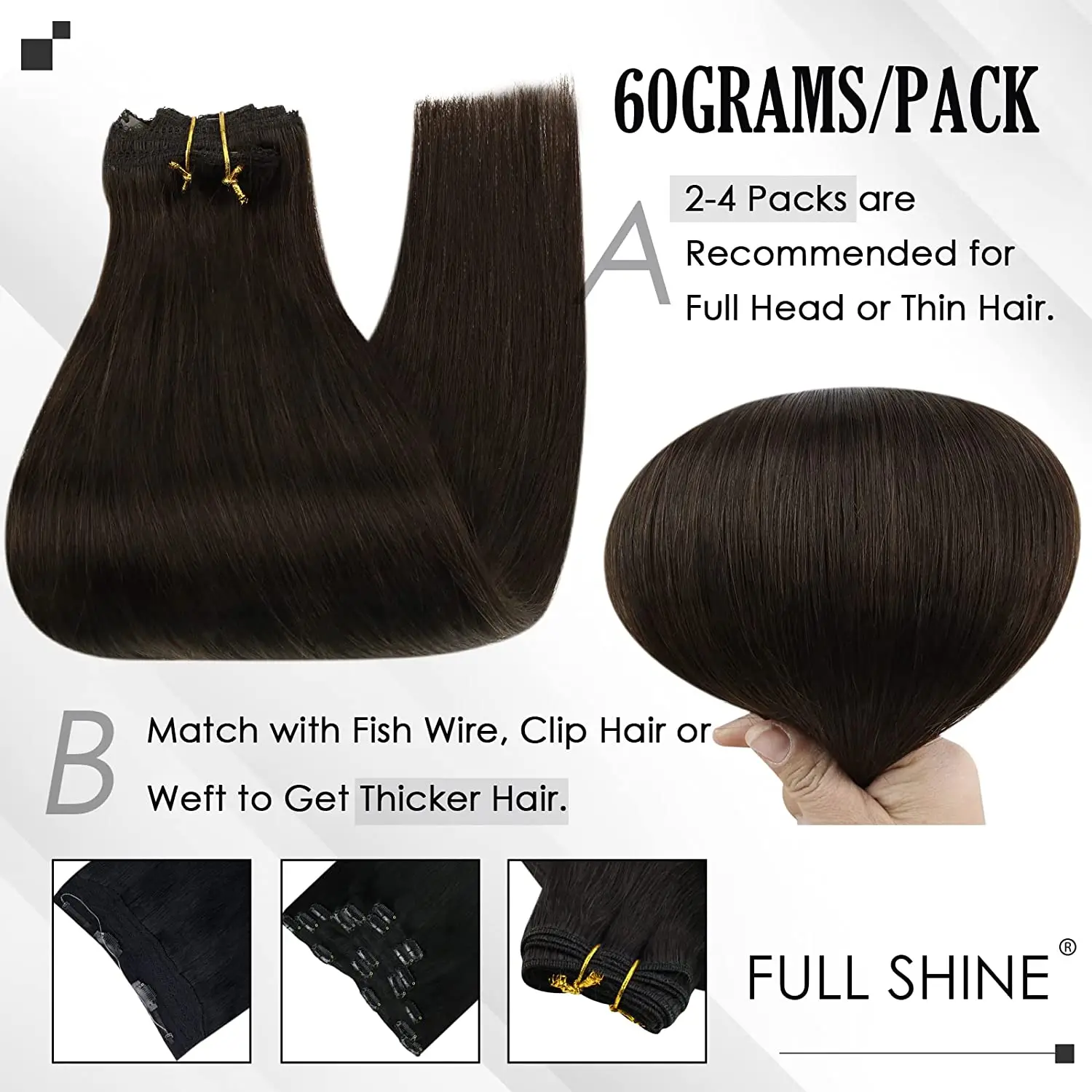 Full Shine Clip in Hair Extensions Human Hair 3Pcs Remy Hair 50g Human Hair Clip in Extentions Balayage Human Hair Extensions