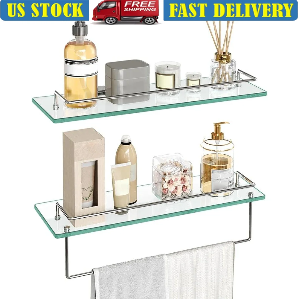 

Floating Glass Shelves Set of 2 Wall Mounted Bathroom Storage Tempered Glass Shelf with Towel Rod Stainless Steel Durable