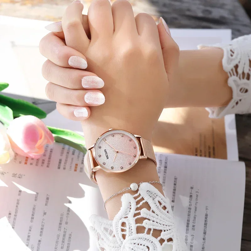 Relojes MEGIR de oro rosa para mujer, reloj de pulsera para mujer, reloj de pulsera de lujo con diamantes de imitación de marca superior, reloj de cuarzo de cristal para mujer