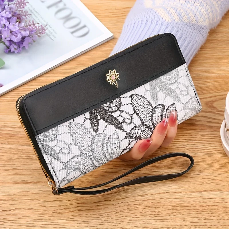 Embroidered Floral Wallet, Fashion Zip-Around Clutch, Large Capacity Soft PU Leather, Coin & Phone Purse With Wrist Strap Rattan