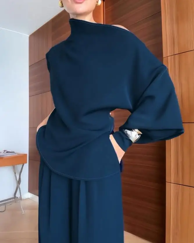 Two Piece Set Women Outfit 2025 New Skew Neck Asymmetrical Lantern Sleeve Side Slit Top & Casual Pleated Wide Leg Pants Set
