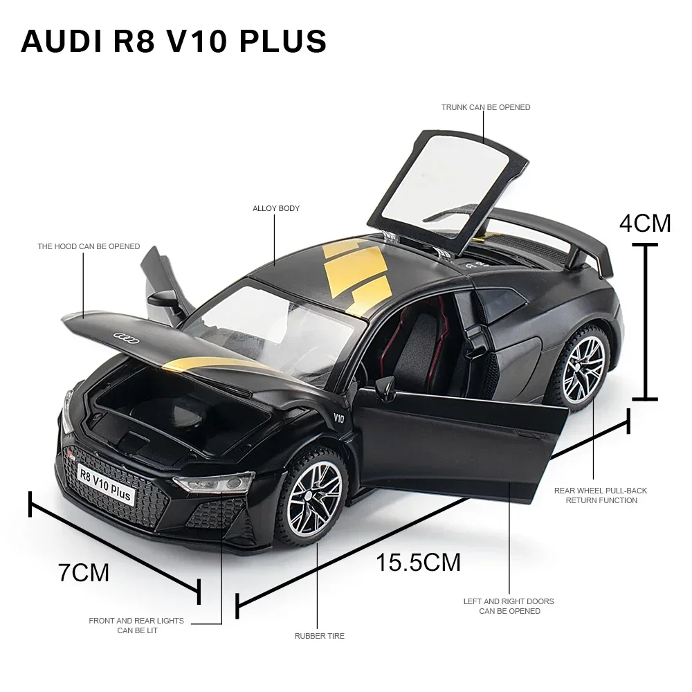 1:32 Audi R8 V10 Plus supercar alliage voiture modèle moulé sous pression en métal jouet véhicule son et lumière retirer Simulation Collection cadeaux