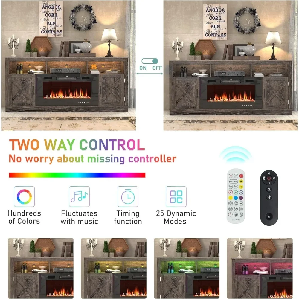 Meuble TV de cheminée de ferme pour TV de 70/75/80 pouces, centre de divertissement haut de 32 pouces avec cheminée électrique de 36 pouces et lumière LED