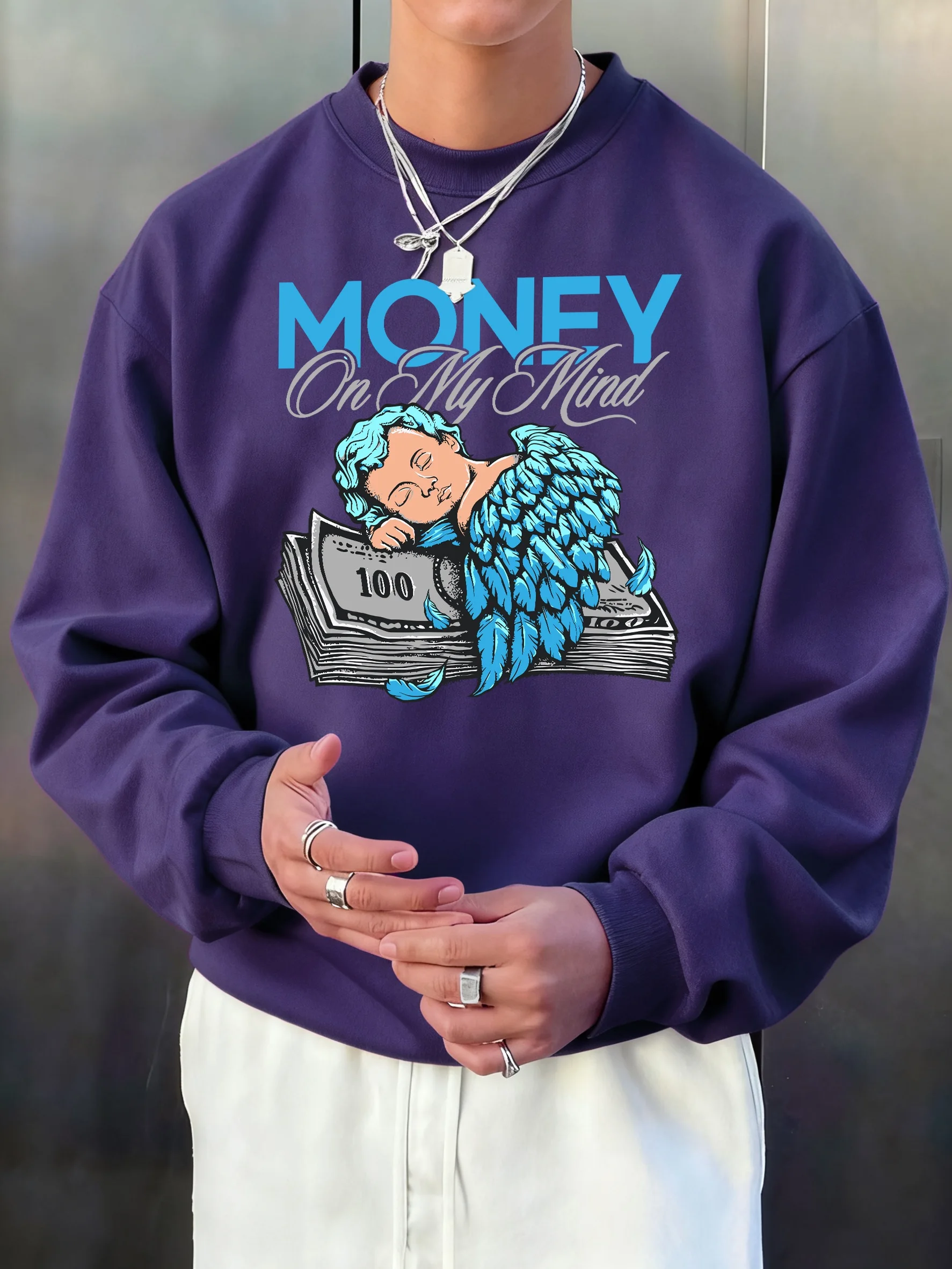 Der Engel Junge Schlafen Auf Geld Druck Sweatshirts Männer Fleece Weiche Pullover Straße Lose Sportswear Herbst Casual Kleidung