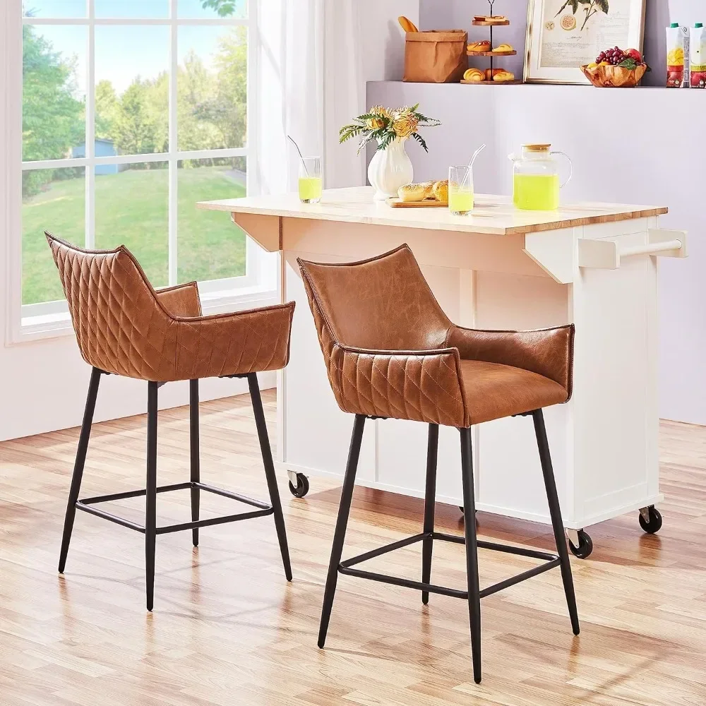 Bar Stools Set of 2 Modern Counter Height Barstools PU Leather Pub Kitchen Bar Chair with Black Metal Legs Mid-Back