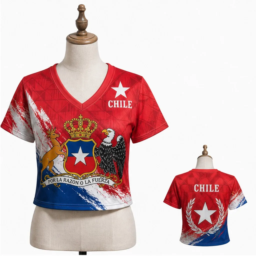 Women Chile V Neck Crop Top Crown Crest Star Laurel Print Short Sleeve Summer Casual Streetwear Fashion Tee for Daily Wear Style