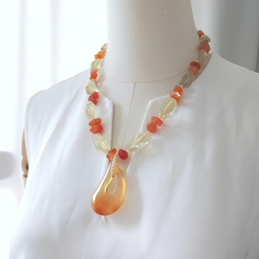 Lii Ji Stone Necklace Carnelian Lemon Quartz 54cm Women's Jewelry Gift Elegant Fashionable Gemstone Accessories for Ladies