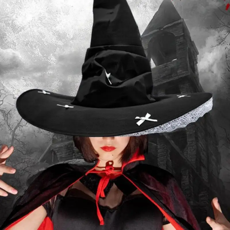

B95F Victorian Witch Hat with Bowknot and Lace Trim Wide Brims Wizard Hat for Halloween Party Gathering Photo Props
