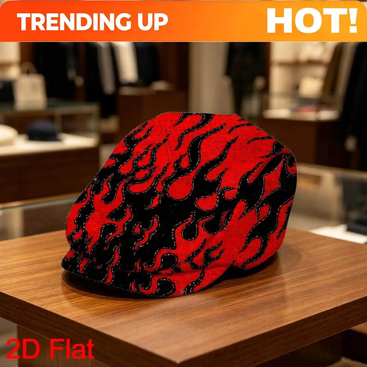 Customization 1pc Men's Vintage Gatsby Cap With Red & Black Flames - Lightweight Breathable Flat-Top Hat Suitable For Casual Wea
