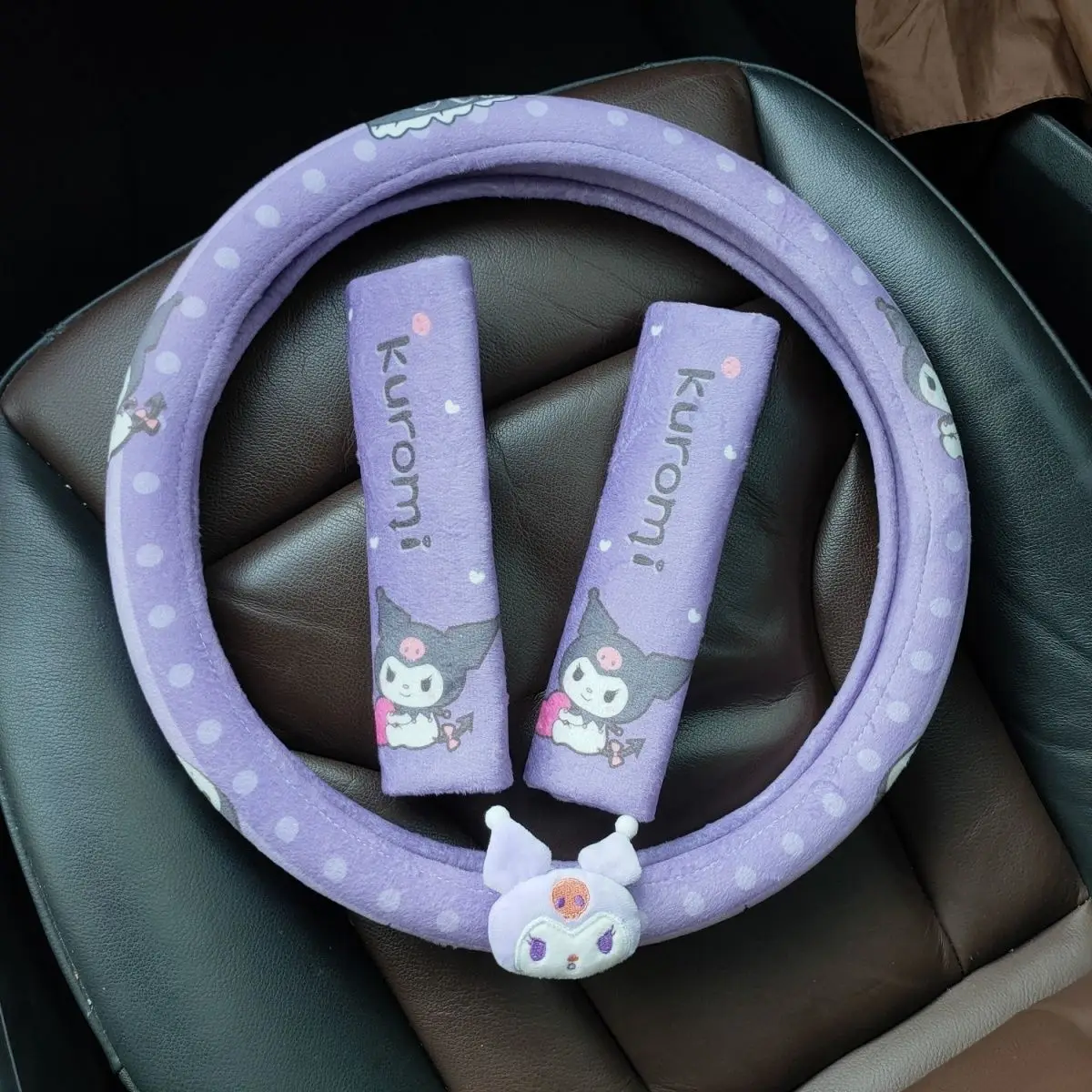 

Kuromi Car Universal Silicone Steering Wheel Cover Soft Multi Auto Decoration Car Safety Seat Belts Shoulder Protector Cover
