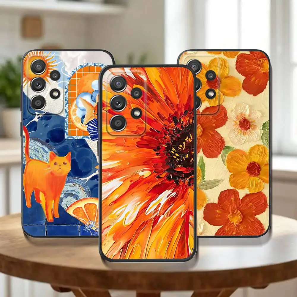 

Orange flower Painting Phone Case For Samsung Galaxy A73,31,32,72,41,53,52,71,22,5G,Note,J7,8,9 Soft Black Cover