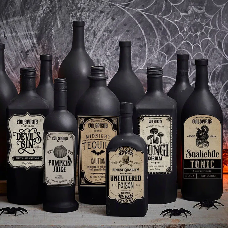 12pcs/set Halloween Wine Bottle Labels Stickers Beverage Drink Stickers Skull Bat Horror Potion Bottles Stickers Halloween Decor