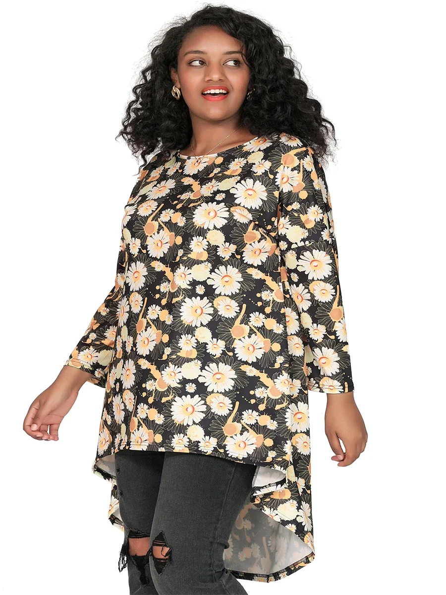 Plus Size Long Sleeve Daisy Floral Print Boho Tunic Tops Women Long Loose Spring Autumn Casual Swing Blouse Large Size Clothing