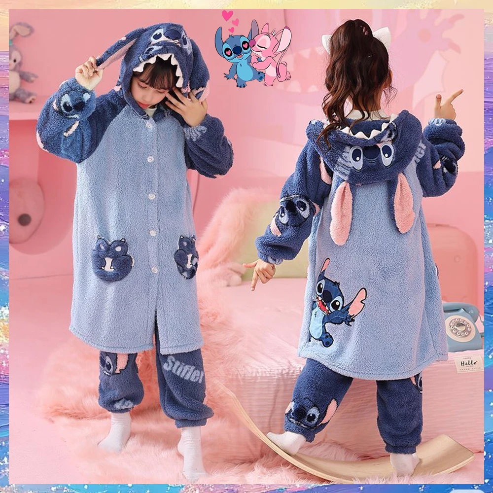 2Pcs Anime Stitch Kids Pajamas Girls Winter Girl Set Loungewear Pajama Set Kawaii Blue Child Sleepwear Robe Clothing Mother Kid