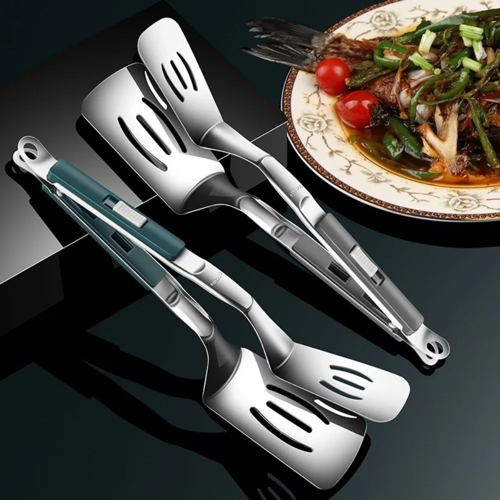 

304 Stainless Steel Spatula Tong 2 in 1 Multi-Functional Flip Spatula Extended Handle Heat-Resistant Fish Steak Spatula