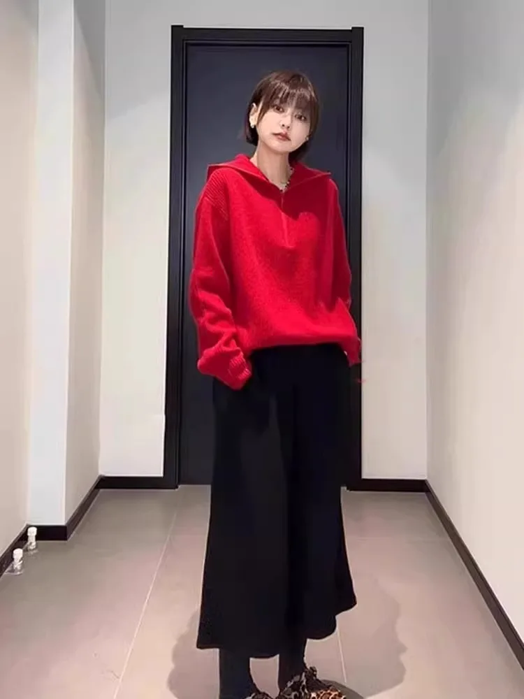 새해 캐주얼 롱 스웨터 여성 니트 지퍼 후드 출퇴근용 레드 컬러 한국 버전