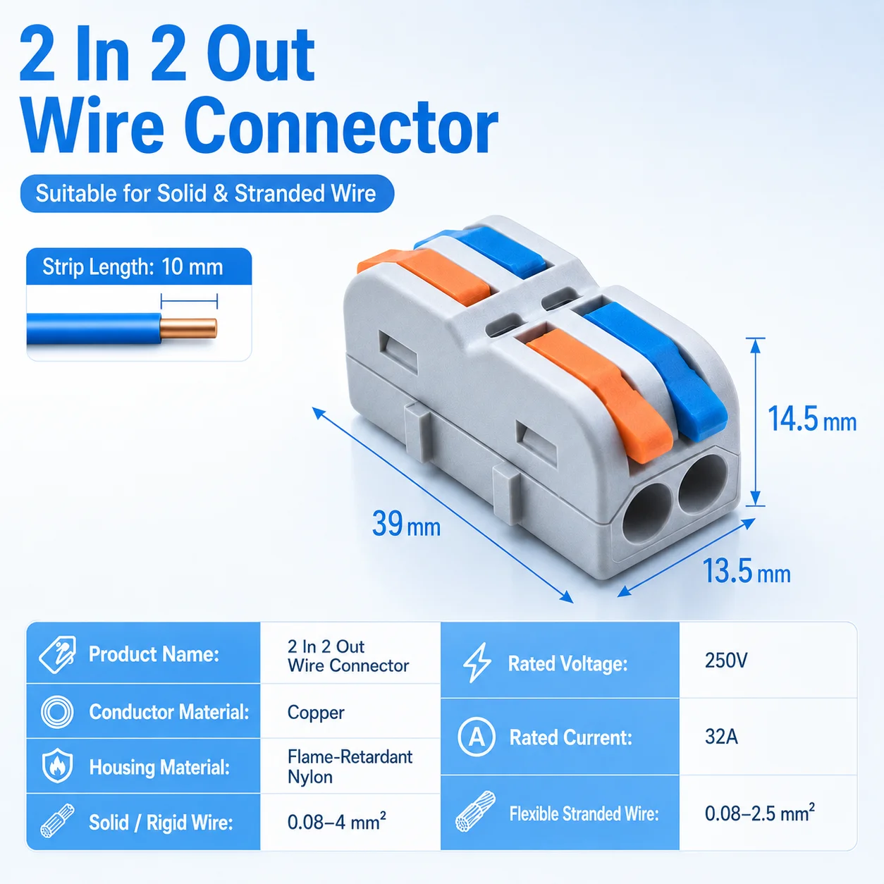 10PCS Multi-function 2 in 2 Out Copper Wire Connector SPL-2M 32A Push-in Quick Terminal Block Cable Splitter Wiring Connector