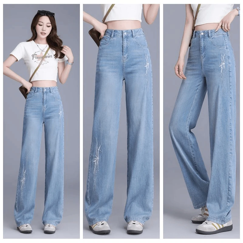 

Женские джинсы с высокой талией, широкими штанинами и эффектом драпировки, осенние, прямые, удлиненные, больших размеров, для стройности фигуры