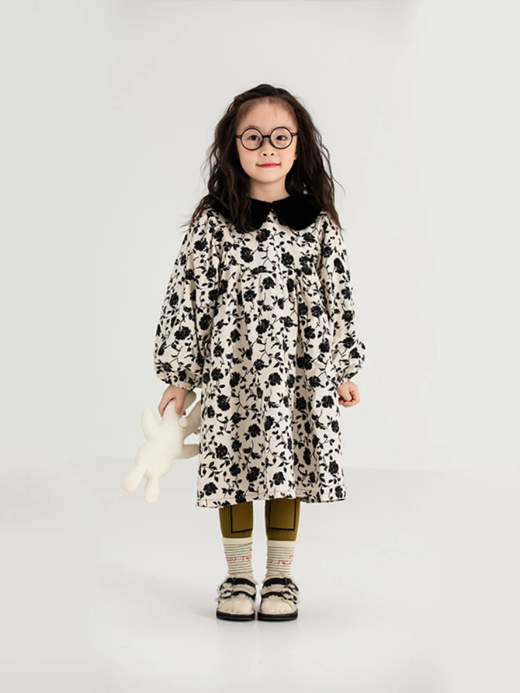 

Girl Dress 2023 New Autumn Winter Korean Fashion Style Fur Collar Dress Baby Girl Long Sleeve Fleece Casual Dresses Kid Clothes