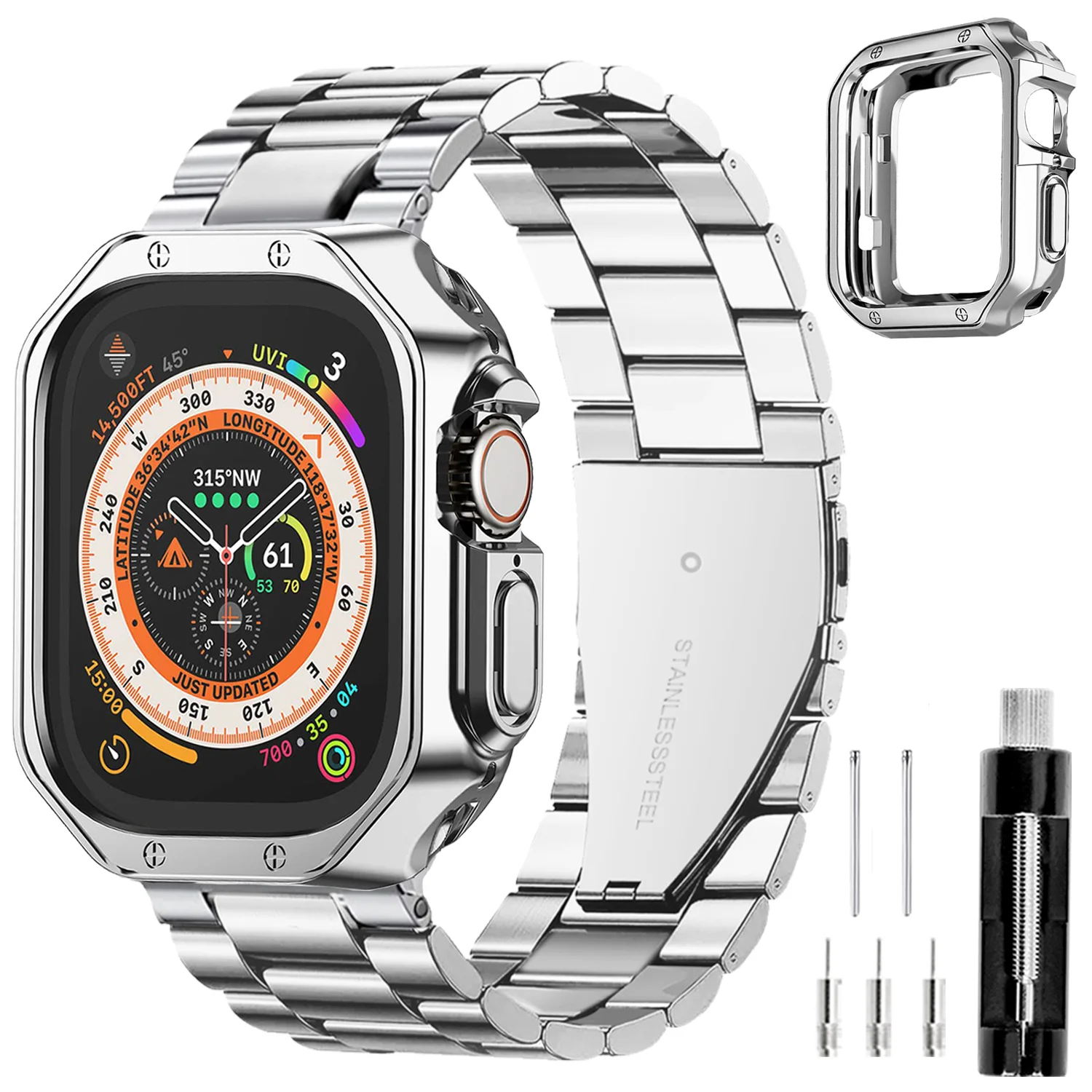 For Apple Watch Ultra 49MM 876 three-bead stainless steel watch TPU case frame metal strap