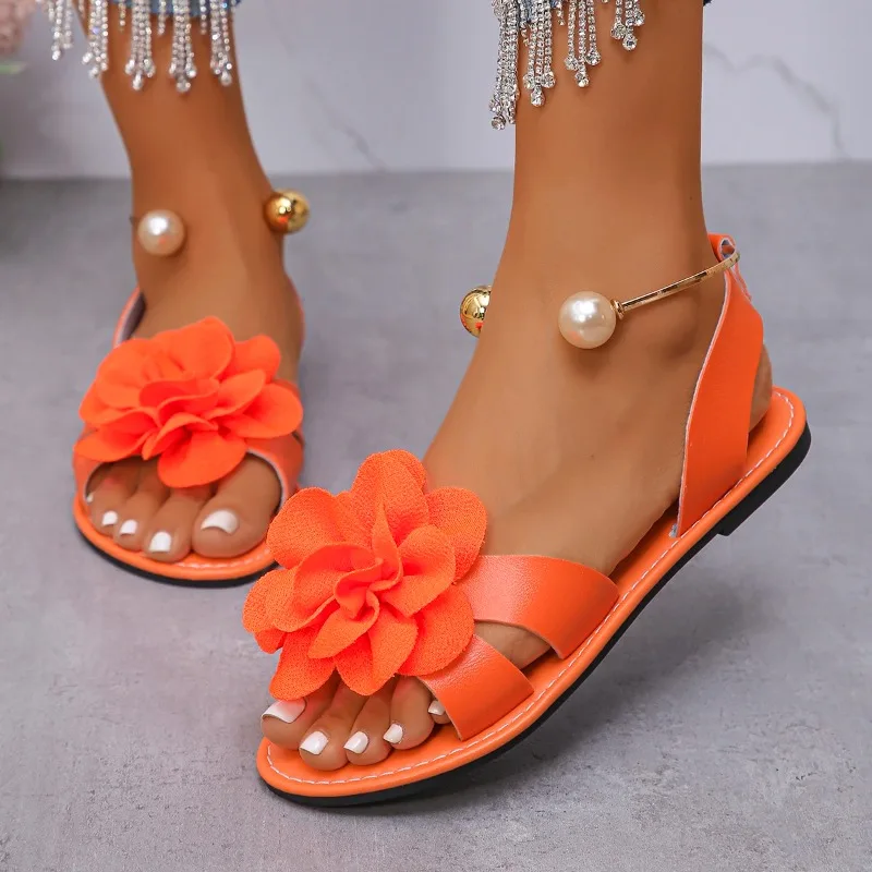 New Floral Pearl Embellished Flat Bottom Sandals Women Summer New Hollow Out Round Head Comfortable Casual Slip-On Flat Sandals