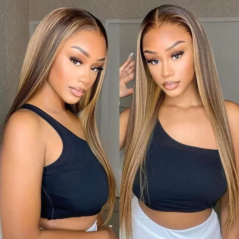 Straight Human Hair Wigs P4/27 Highlight 200% Density 40 Inches 13x6 13x4 HD Transparent Invisible Lace Frontal Wig Piano Color Brazilian Hair For Women Pre Plucked Pre Cut Lace Pre Bleached Knots Pre Styled