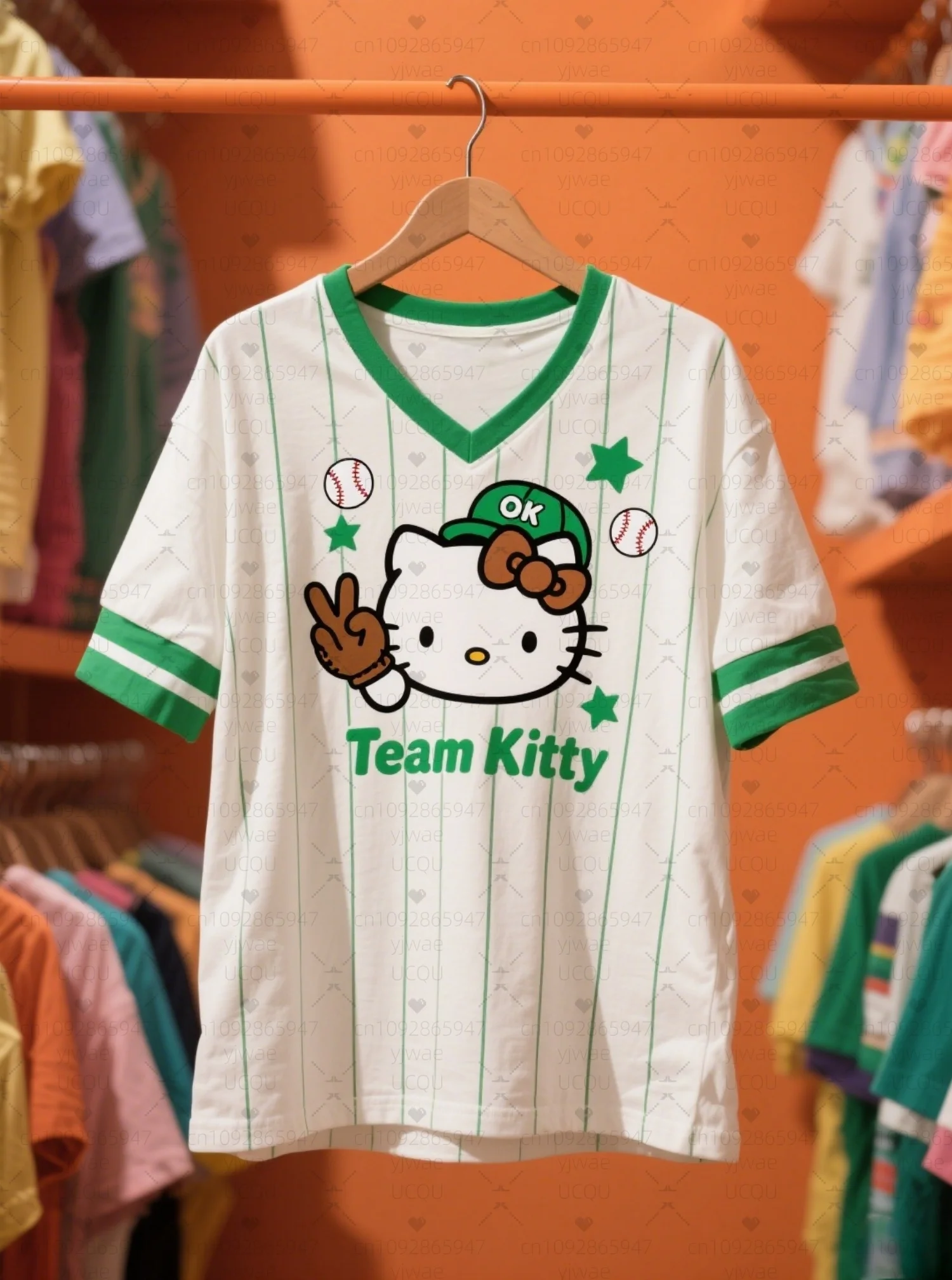 

2025Women V Neck T Shirt Hello Kitty Print Lightweight Breathable Female Short Sleeved Baseball T-Shirt Women Jersey T-Shirt