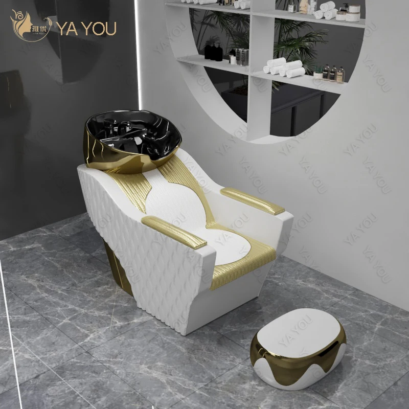 

Luxurious Golden Ceramic Shampoo Chair Shampoo Basin Can Swing Can Be Customized Color For Salon Point