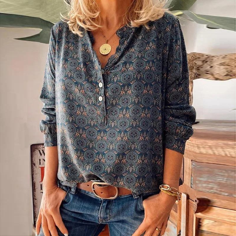

Summer New Women's Retro Print Stand up Long Sve irt Commute Sle round Ne T-irt Regular Sve Length Slim Fit