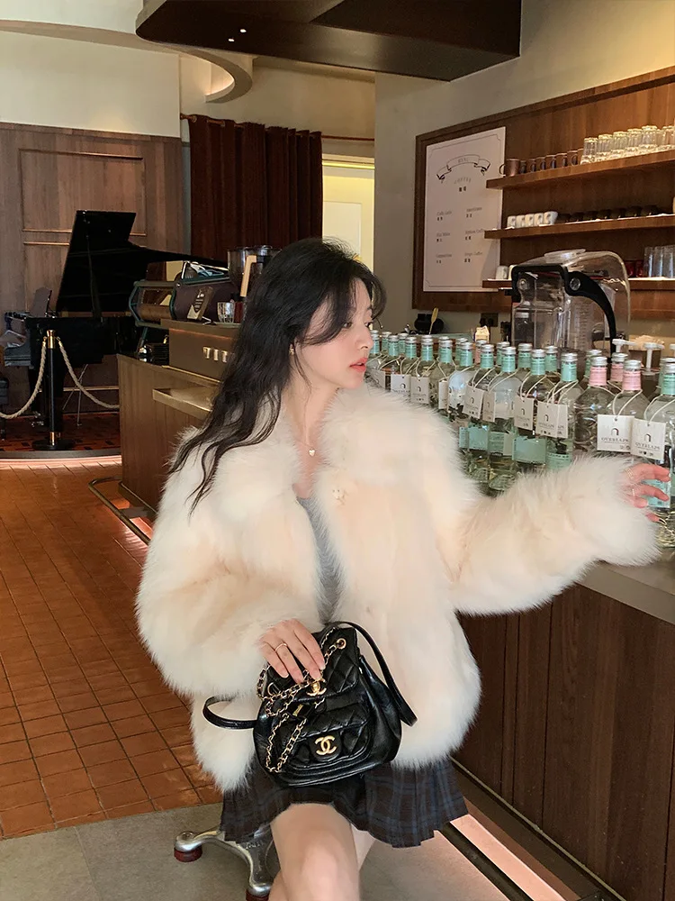Women Faux Fox Fur Coats Solid Short Jackets Long Sleeves Turn Down Collar Open Stitch Loose Elegant Casual 2026 Autumn Winter