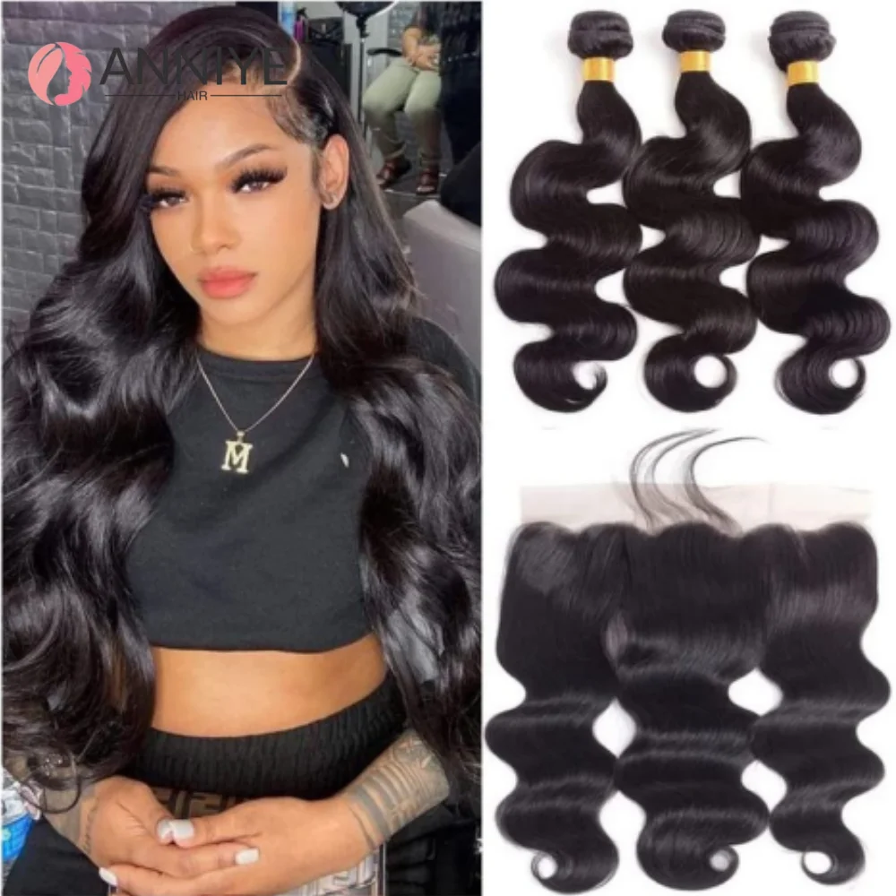 

30Inch Bundles With 13x4 Frontal Body Wave 100% Human Hair Extensions Natural Color Peruvian Hair For Black Women Lace Front