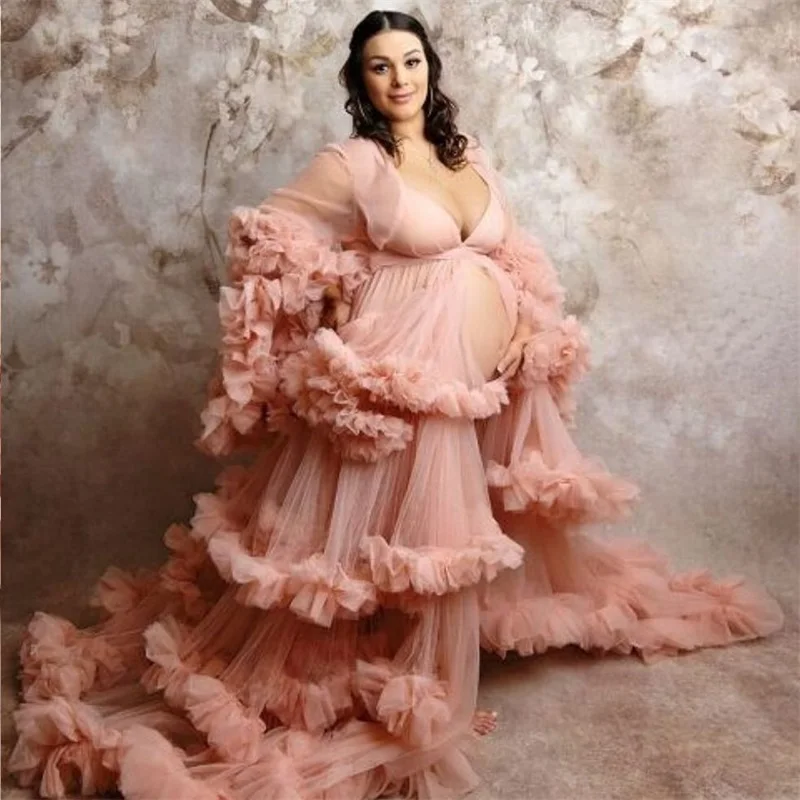 

Pink Tulle Bridal Maternity Dresses for Photo Shoot Baby Shower Pregnant With Detachable Wrap Custom Made Women Prom Gown