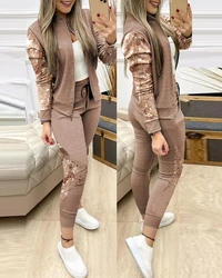 Two Piece Set Women Elegant Contrast Sequins Zipper Design Patchwork Long Sleeve Jacket Tops and Drawstring Skinny Pants Set