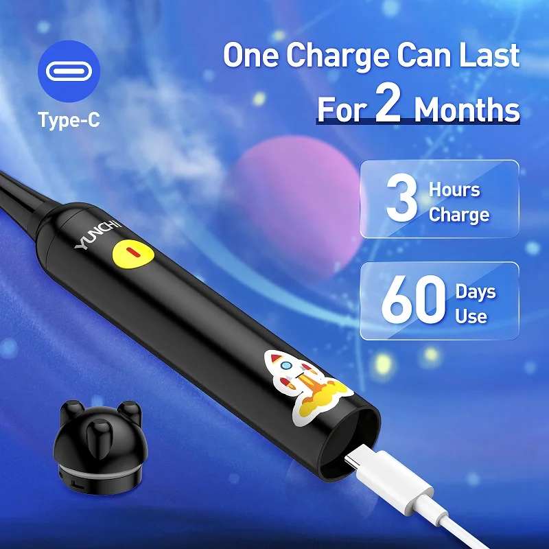 YUNCHI Kids فرشاة الأسنان الكهربائية القابلة لإعادة الشحن للأطفال فرشاة الأسنان الكهربائية 3 أوضاع بالفرشاة ملصقات صناعة يدوية مضحكة مع 4 رؤوس فرشاة #3