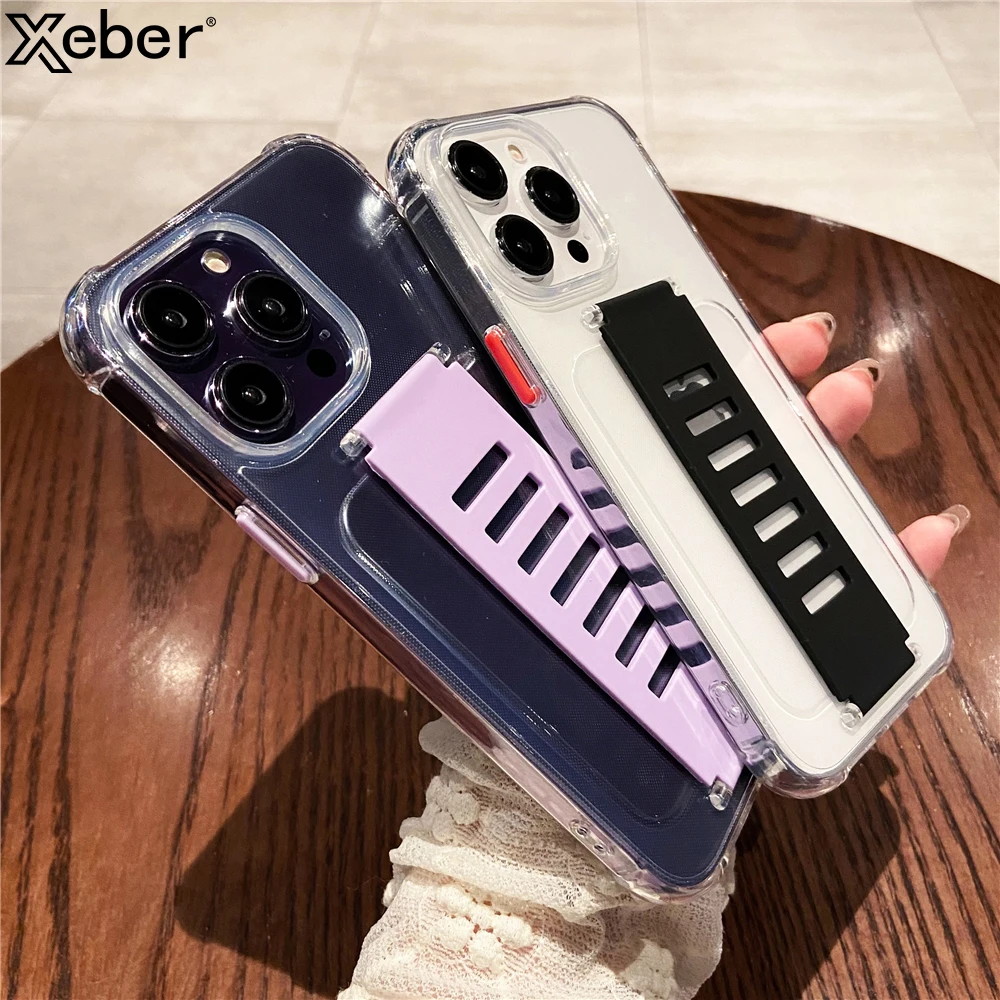 Transparent Wrist Strap Holder Phone Case For iPhone 15 14 Pro Max 13 12 11 XR XS X 7 8 Plus Soft Silicone Shokcproof TPU Cover